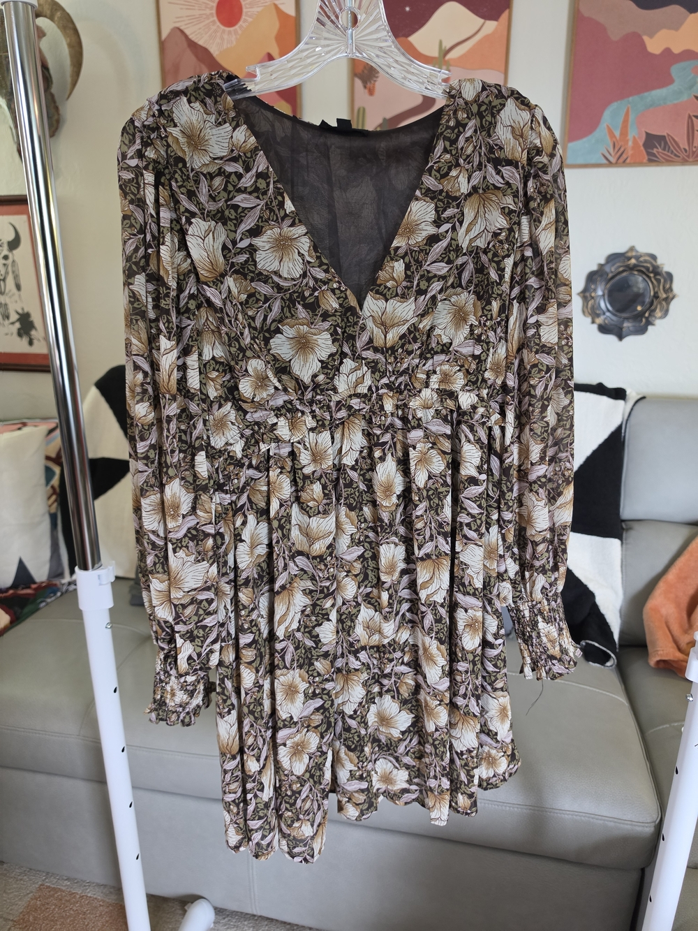 Blu Pepper Floral Boho Mini Dress Long Sleeve Smocked Waist Brown Cream Size M
